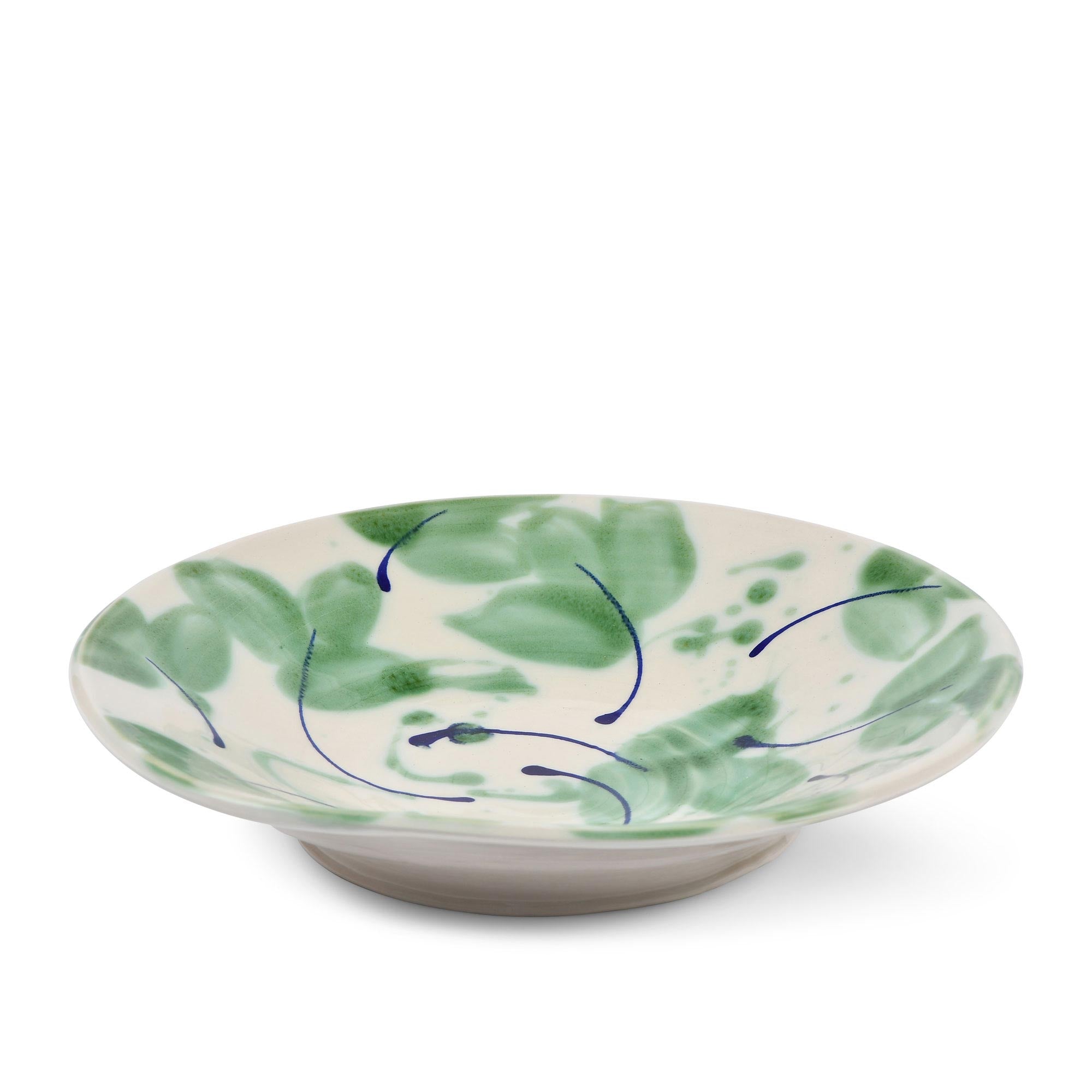 Ceramic%20Round%20Serving%20Bowl%20With%20Blue%20Line%20Green%20Leaves%20Motifs%20-%20Small image 1