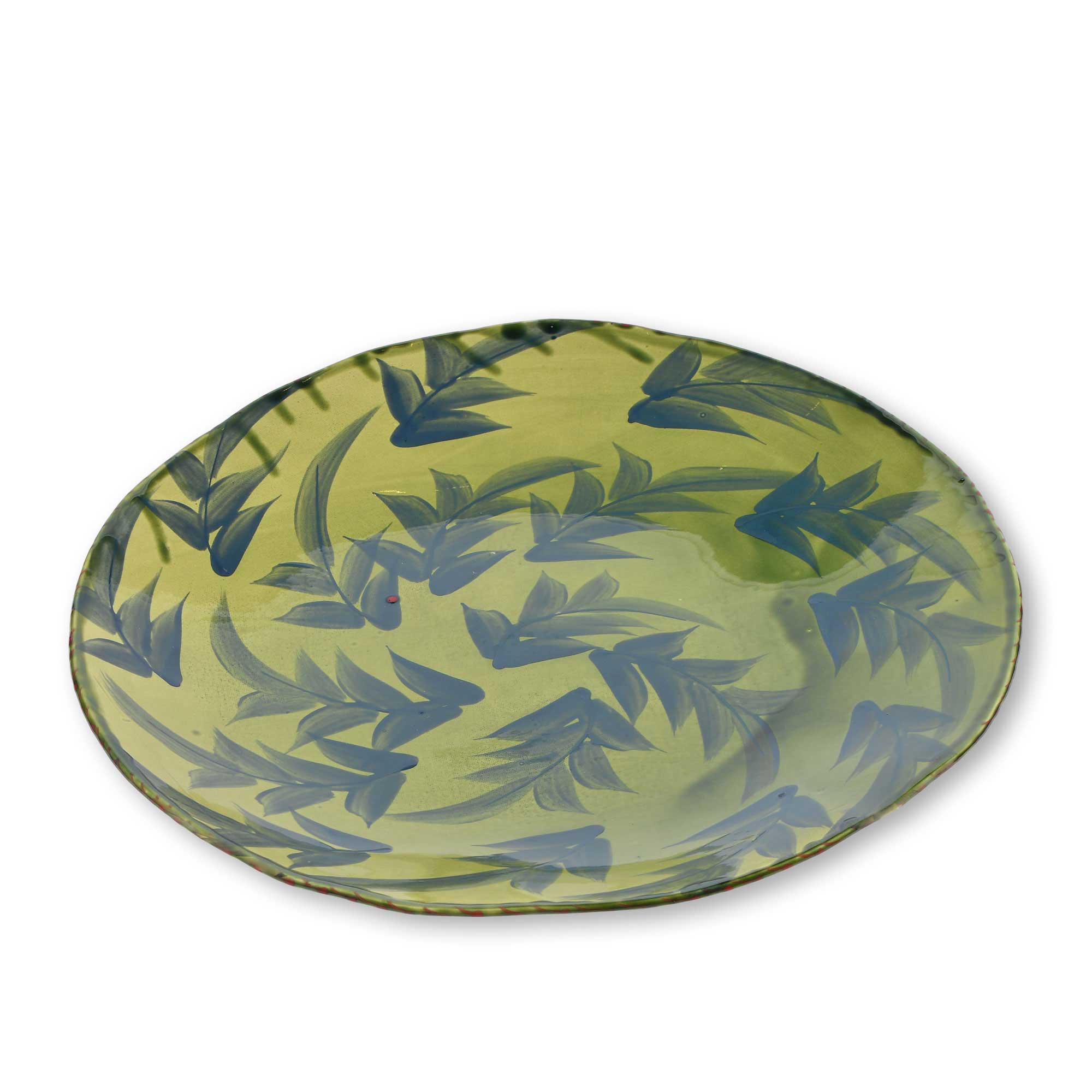 Ceramic%20Round%20Serving%20Dish%20With%20Blue%20Leaves%20Motifs%20on%20Green%20Background image 1