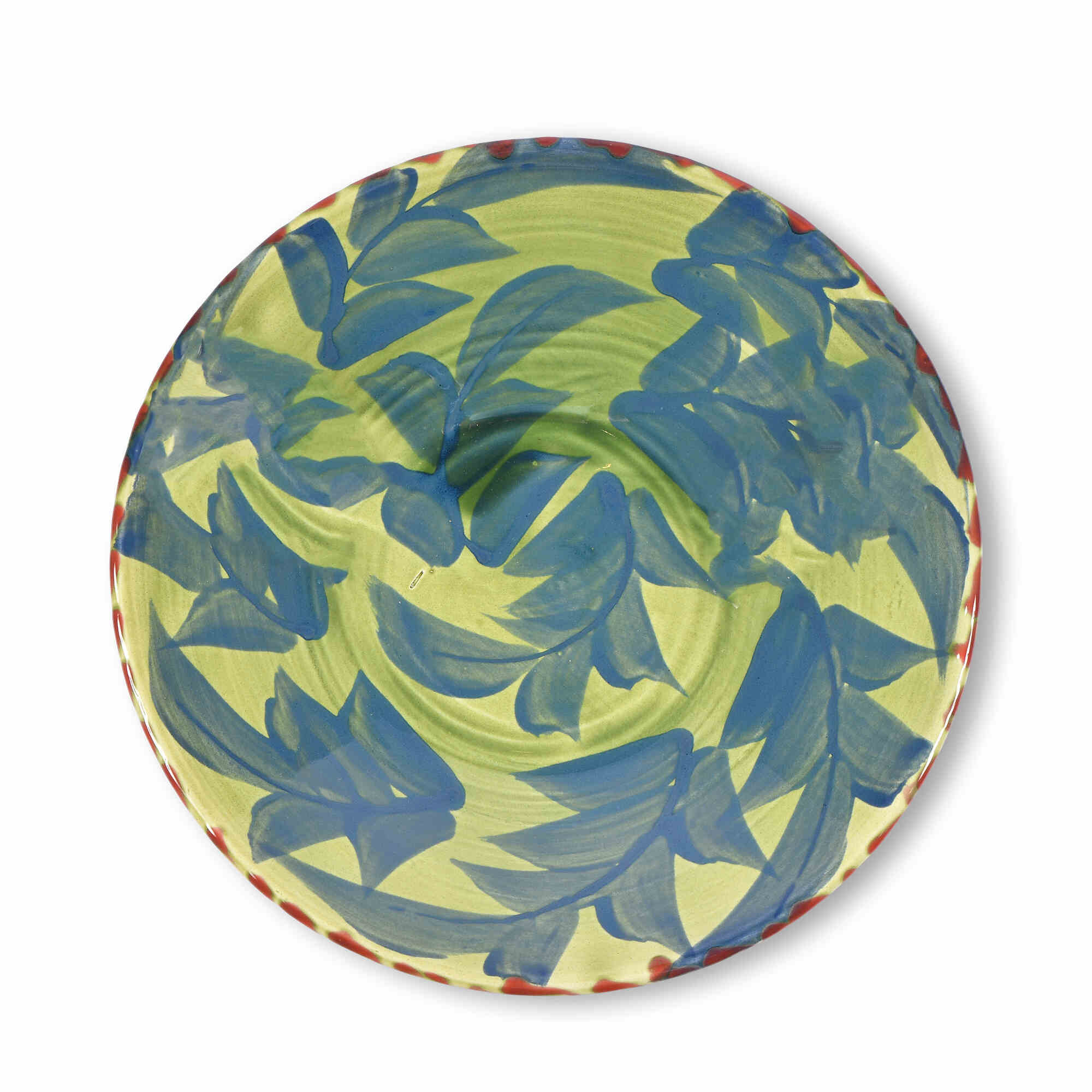 Ceramic%20Round%20Serving%20Plate%20With%20Blue%20Leaves%20Motifs%20on%20Green%20Background%20-%20Small image 1