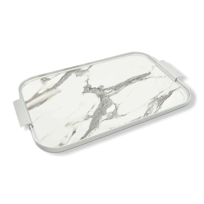 Ribbed Tray in White Marble and Silver - 18 Inch