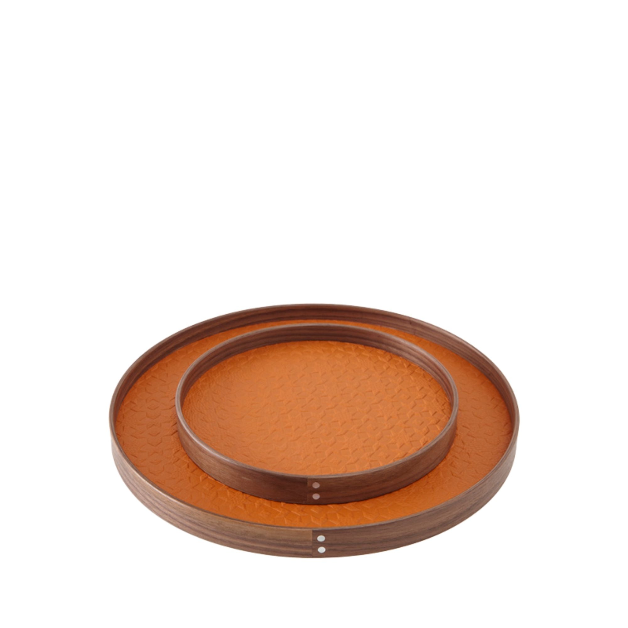 Round Vide Poche American Walnut and Orange Stamped Leather Small