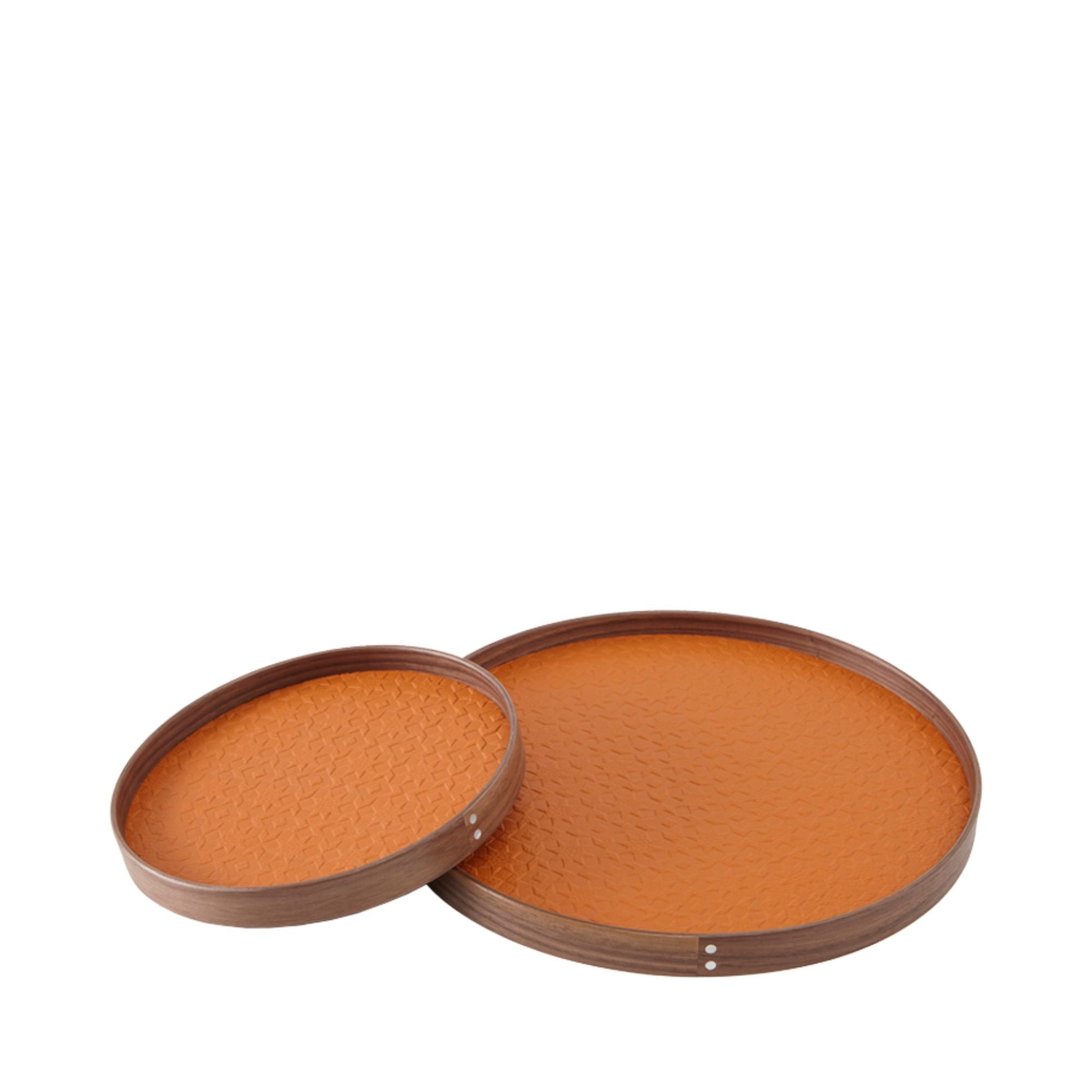 Round Vide Poche American Walnut and Orange Stamped Leather Small