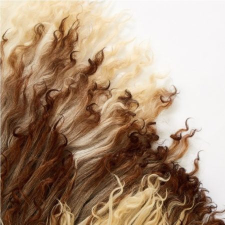 A close-up of a rug with long, curly fibers in a gradient of browns and creams.